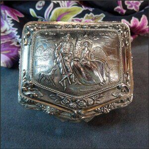 Vintage Silver Jewelry Box Hunting Scene w Baroque Decor